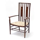 Arts & Crafts beech chair with mother of pearl inlay and floral upholstered seat, 85cm high :For