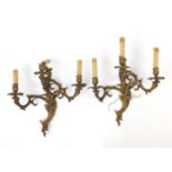 Pair of bronzed two branch acanthus design branch wall sconces, 41cm high :For Further Condition