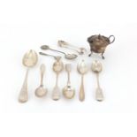 Victorian and later silver spoons, sugar tongs and a mustard with hinged lid, various hallmarks, the