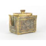 Chinese copper and brass archaic style teapot with square body, 13cm high :For Further Condition