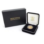 Elizabeth II 2005 gold proof sovereign with fitted case, box and certificate numbered 6318 :For