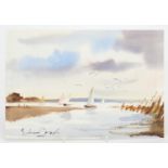 Boats at sea, watercolour on card, bearing a signature Edward Laglo, unframed, 27.5cm x 19cm :For