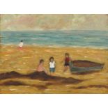 Attributed to Peggy Somerville - Children on a beach, oil on board, framed, 38cm x 20.5cm :For