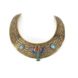 Egyptian Revival brass and enamel necklace set with turquoise scarab beetles, approximately 14cm