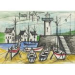 Manner of Bernard Buffet - Moored boats, ink and watercolour, mounted and framed, 48cm x 34cm :For