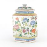 Chinese hexagonal vase and cover, hand painted in the famille rose palette with flowers, 30cm