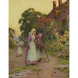 Lynas Gray - Eventide, figures before a cottage, early 20th century watercolour, label verso,