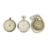 Three silver open face pocket watches including E Morrison, the largest 4.8cm in diameter :For