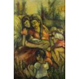 Mother with children, impressionist oil on canvas, bearing an indistinct signature Line Deschamps,