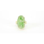 Chinese gold coloured metal and green jade ring carved with leaves, size M, 5.6g, (tests as 9ct