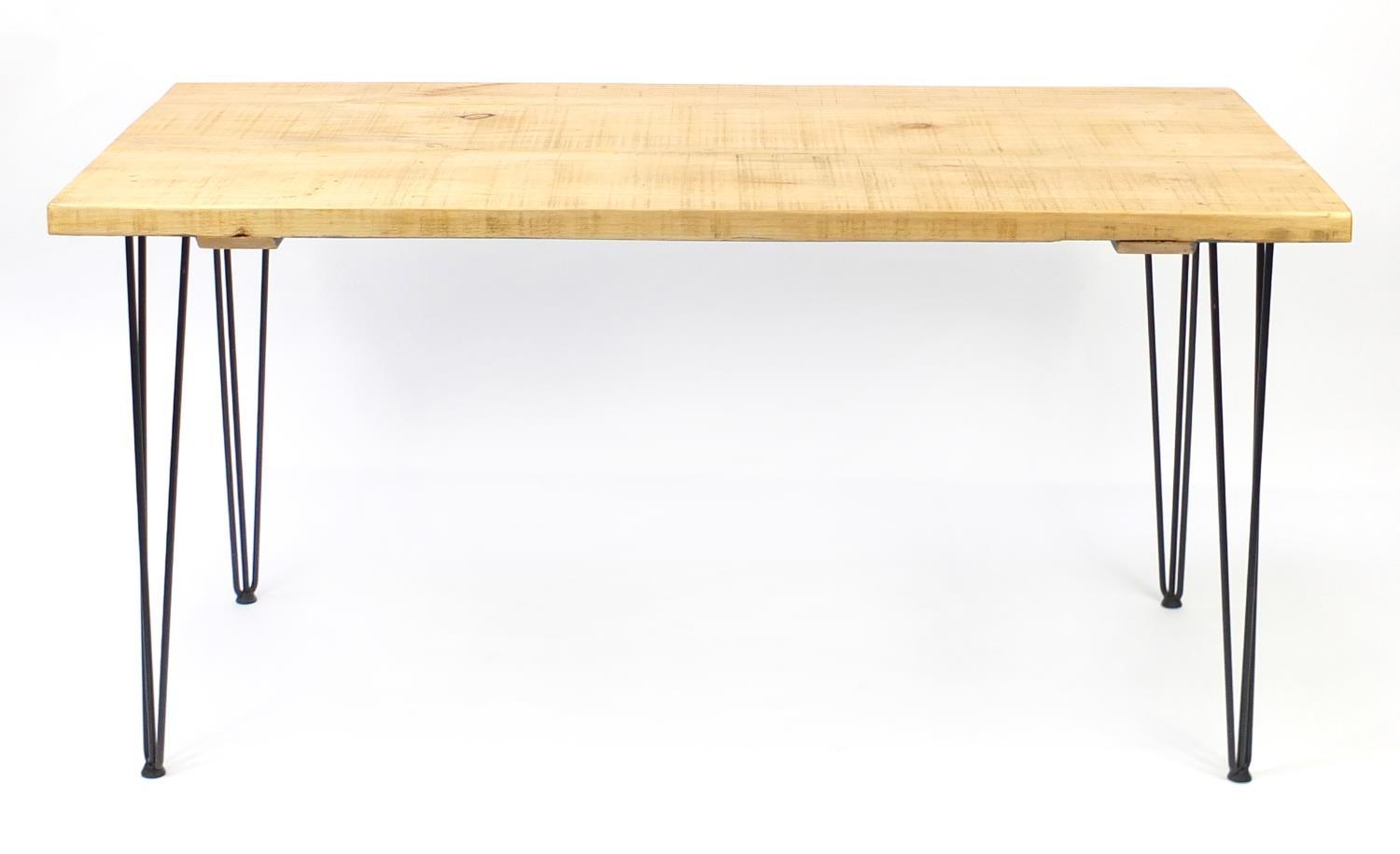 Contemporary light wood dining table with metal hairpin legs, 76c H x 151cm W x 75cm D :For