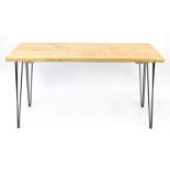 Contemporary light wood dining table with metal hairpin legs, 76c H x 151cm W x 75cm D :For