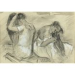 Two females playing with their hair, mixed media on paper, bearing an indistinct signature