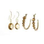 Pair of 14ct citrine earrings, 2.8g and a pair of 9ct gold orange stone earrings, 2.4g :For