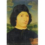 Head and shoulders portrait of a Tudor man before a landscape, antique oil on wood panel,
