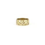 9ct gold wedding band with engraved decoration, size J, 3.8g :For Further Condition Reports Please