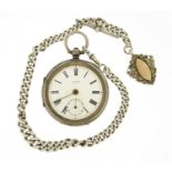 Gentleman's silver H Stone open face pocket watch with graduated silver watch chain, the case