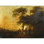 Figures by woodland before a landscape, 17th/18th century Old Master oil on wood panel, part