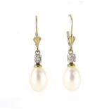Pair of 9ct gold pearl and diamond drop earrings, 3.5cm long, 3.4g :For Further Condition Reports