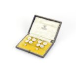 Set of 9ct gold and mother of pearl cufflinks, studs and buttons, housed in a Mappin & Webb fitted