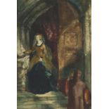 Samuel Skillin - Lady in the chapel, watercolour, inscribed to the mount, labels verso, mounted