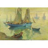 Harbour scene with fishing boats, oil on canvas, bearing signature Harvey Marne, unframed, 73cm x