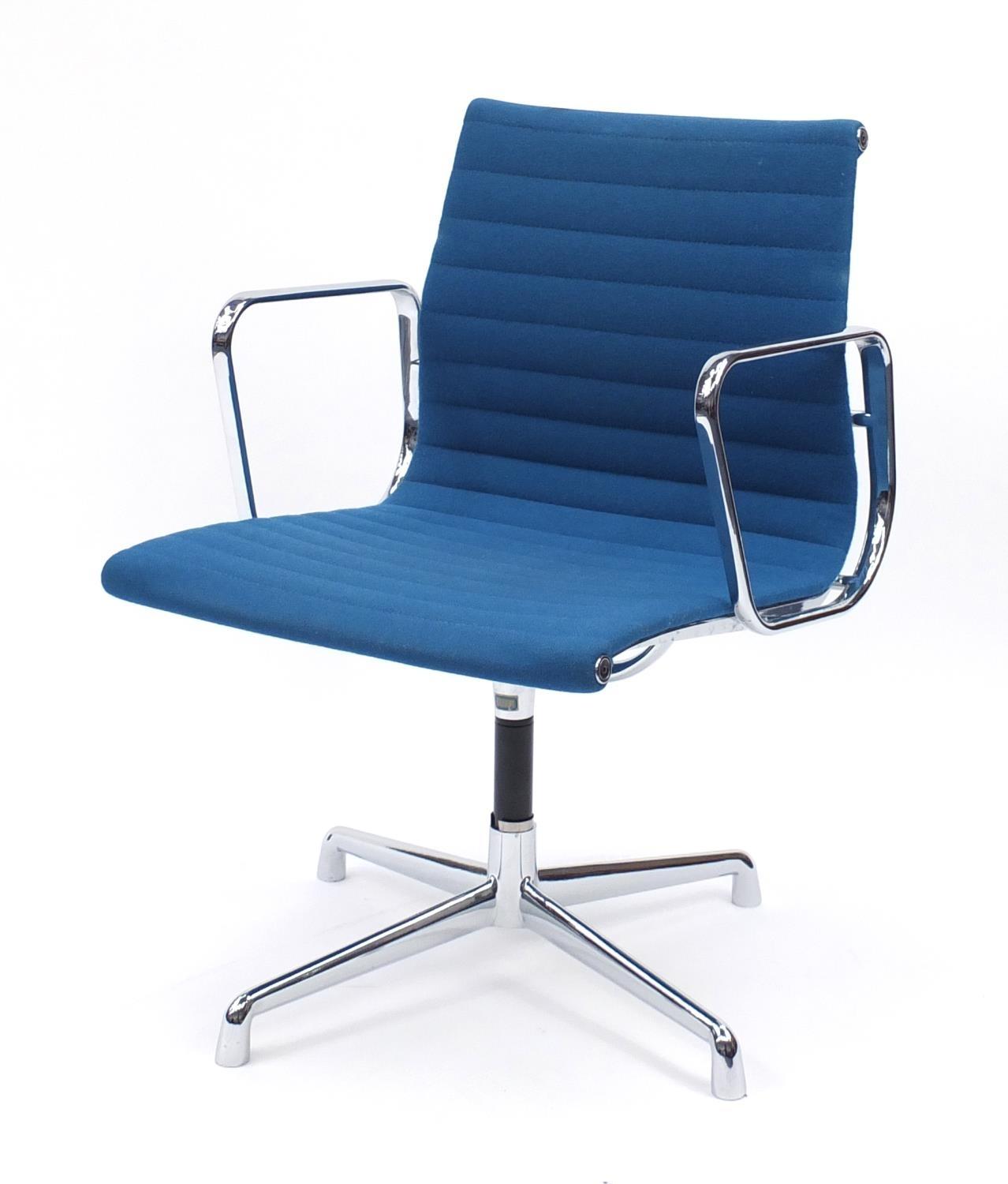 Charles and Ray Eames EA107 design desk chair with turquoise upholstery, 82cm high :For Further