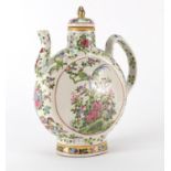 Chinese porcelain wine ewer, hand painted in the famille rose palette with birds of paradise amongst