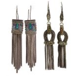 Two pairs of silver earrings with enamel and niello work, the largest 7cm in length, 22.6g :For