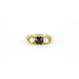 Victorian 18ct gold garnet, pearl and diamond ring, size N, 3.9g :For Further Condition Reports