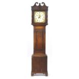 Antique Oak long case clock with date wheel, the enamel dial hand painted with a bird, 207cm high :