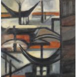 Abstract composition, harbour scene, oil on canvas, bearing a signature Reynolds, framed 35cm x 34.