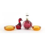 Whitefriars glassware comprising a pink glass bubble table lamp, red duck, amber dish and a