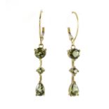 Pair of 9ct gold green stone drop earrings, 4cm long, 2.2g :For Further Condition Reports Please