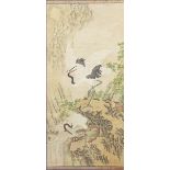 Chinese wall hanging scroll, hand painted with two cranes in a landscape, with character marks and