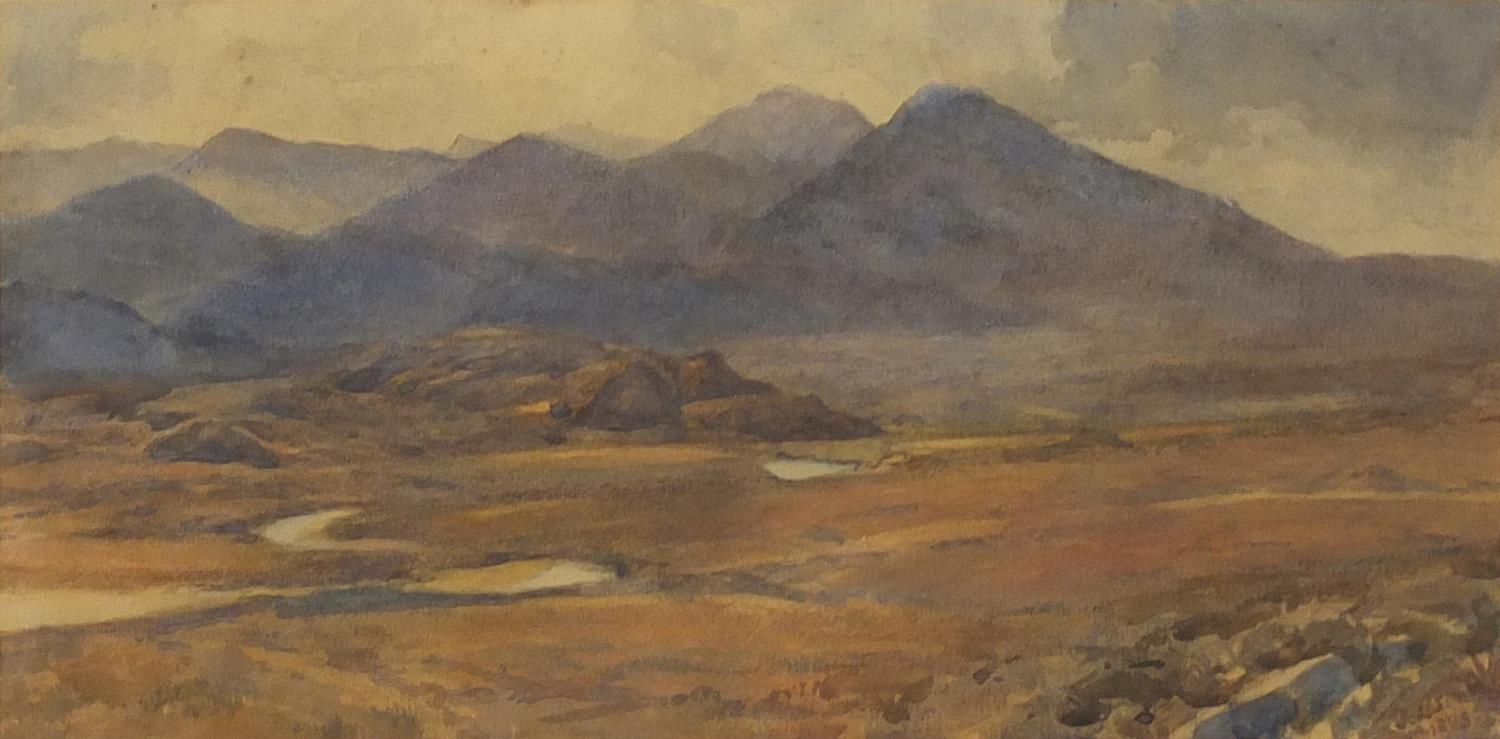 Mountainous landscape, late 19th century watercolour, bearing an indistinct monogram possibly JLS,
