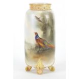 Royal Worcester four footed vase with pierced rim, hand painted with a pheasant in a landscape by