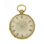 Ladies continental open face pocket watch, with silvered dial, tests as 18ct gold, numbered 2184,