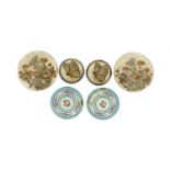 Two pairs of Japanese Satsuma pottery buttons and a pair of guilloche enamel buttons, the largest