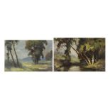 Kenneth Denton - The country path and lake by woodland, two oil on boards one with label verso,