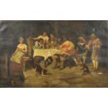 Interior scene with figures in Carolean dress watching a dog and monkey, 19th century oil on canvas,