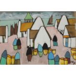 Figures in a town before a harbour, Irish school gouache on paper, bearing a signature Markey,