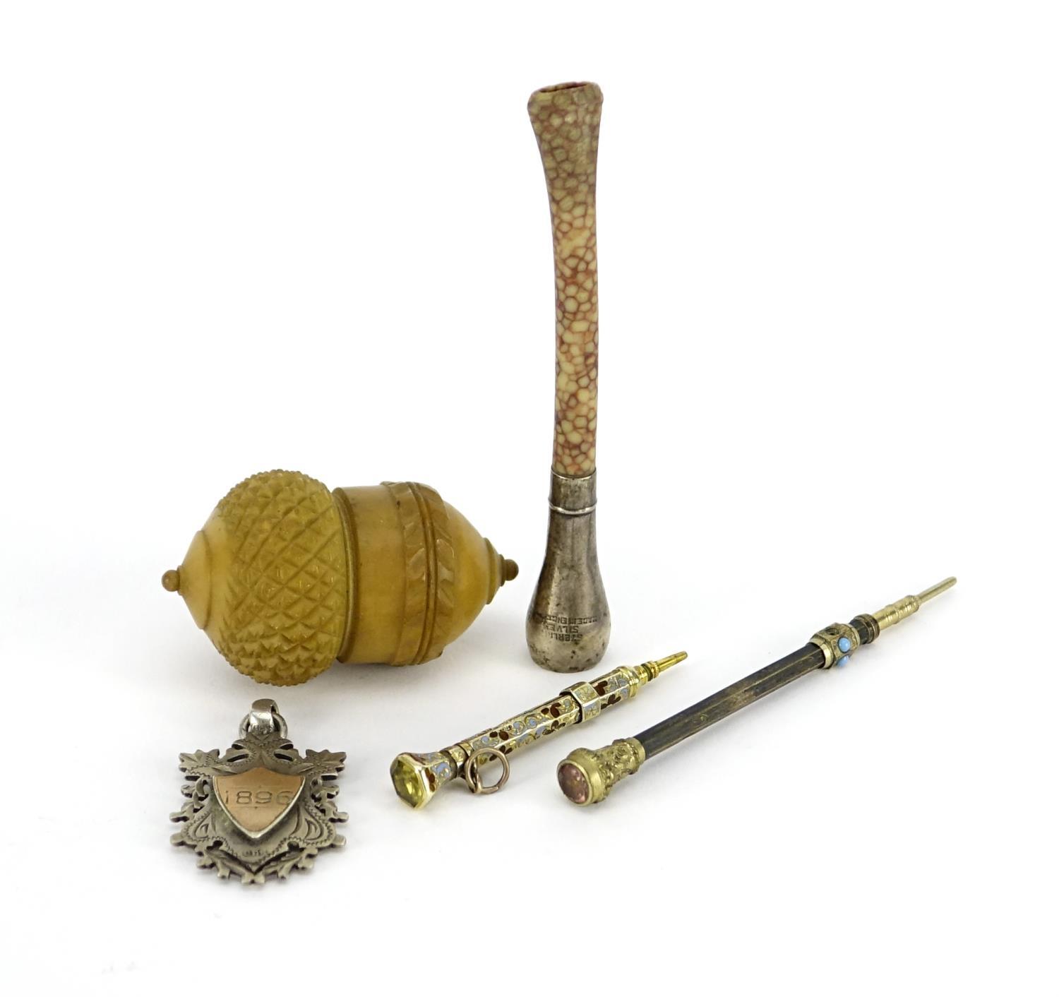 Antique and later objects including a vegetable ivory acorn cotton reel holder, gold coloured - Image 2 of 4