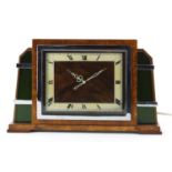 Art Deco burr walnut mantel clock by Smiths, with silvered chapter ring and Roman numerals, 19.5cm