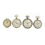 Three white metal open face pocket watches and a pilots style wristwatch :For Further Condition