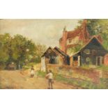 After Stanhope Alexander Forbes - Figures before a cottage, oil on board, framed, 35cm x 23.5cm :For