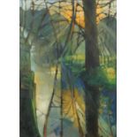 Abstract composition, trees by water, oil on canvas, bearing a signature Swanzy, unframed, 86.5cm