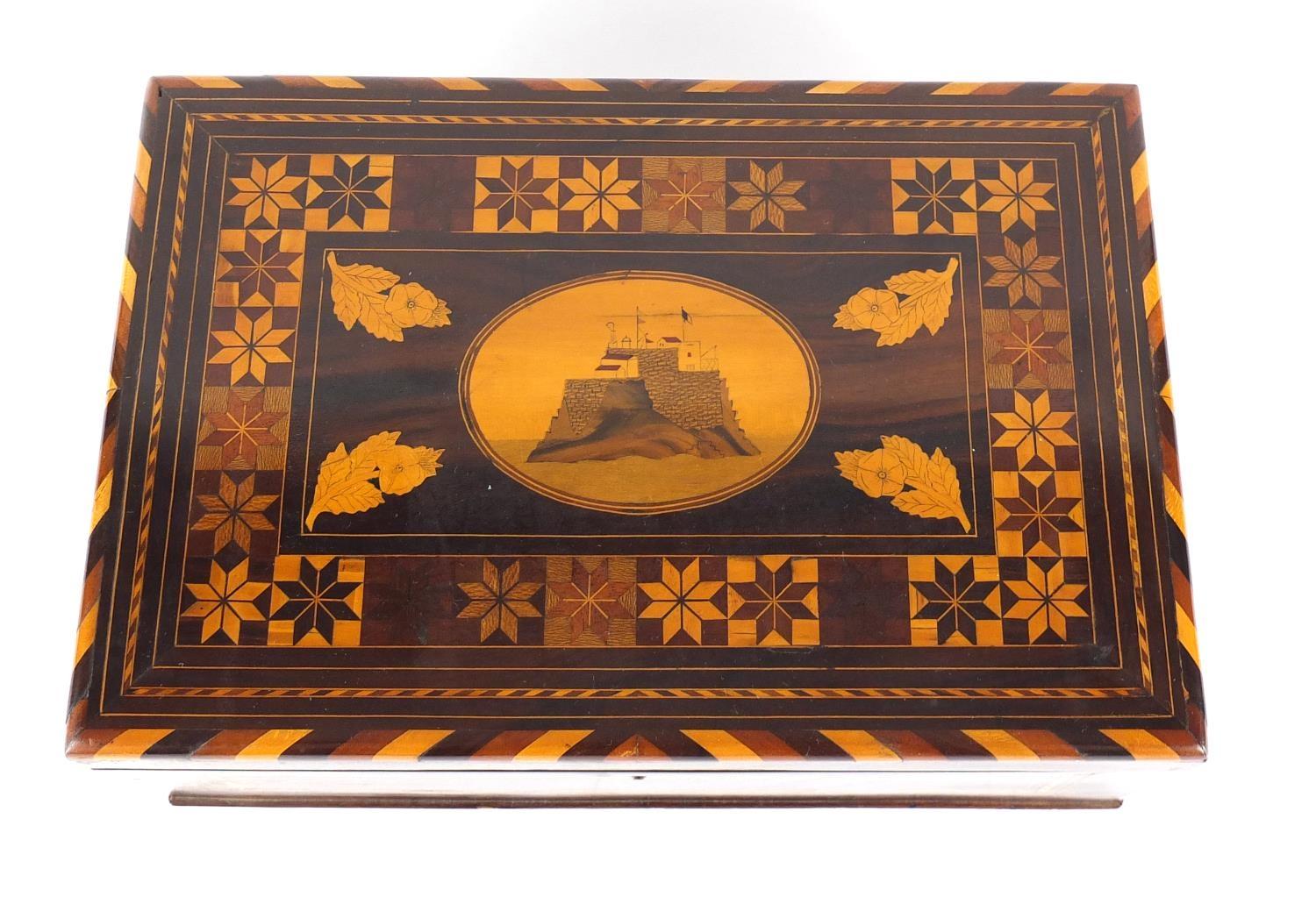 19th century rosewood wood box, the hinged lid marquetry inlaid with a view of The French Naval - Image 3 of 7