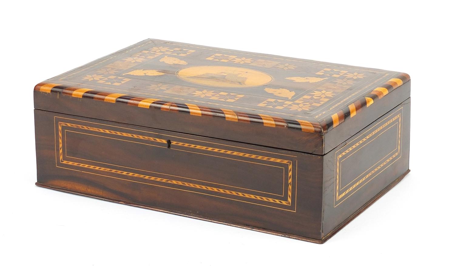 19th century rosewood wood box, the hinged lid marquetry inlaid with a view of The French Naval