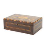 19th century rosewood wood box, the hinged lid marquetry inlaid with a view of The French Naval